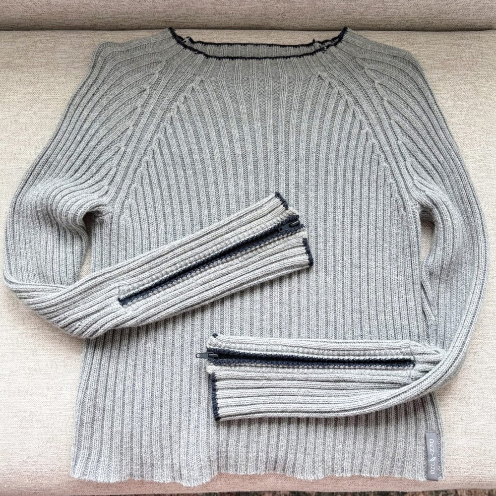 90s Vintage DKNY Jeans Sweater L Gray Ribbed Zipper Cuff Grunge Y2K Gorpcore Ski